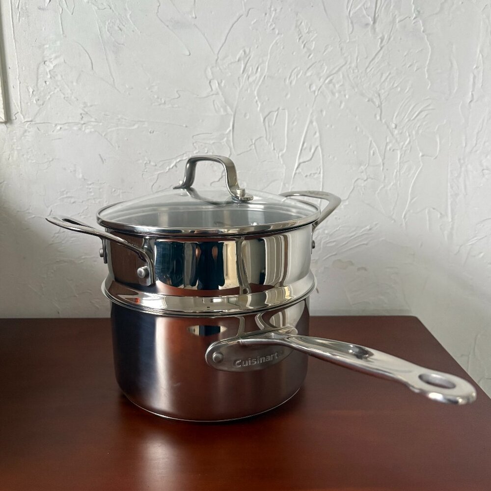 New Cuisinart 2.5qt Stainless Steel Saucepan with Steamer + Glass Lid